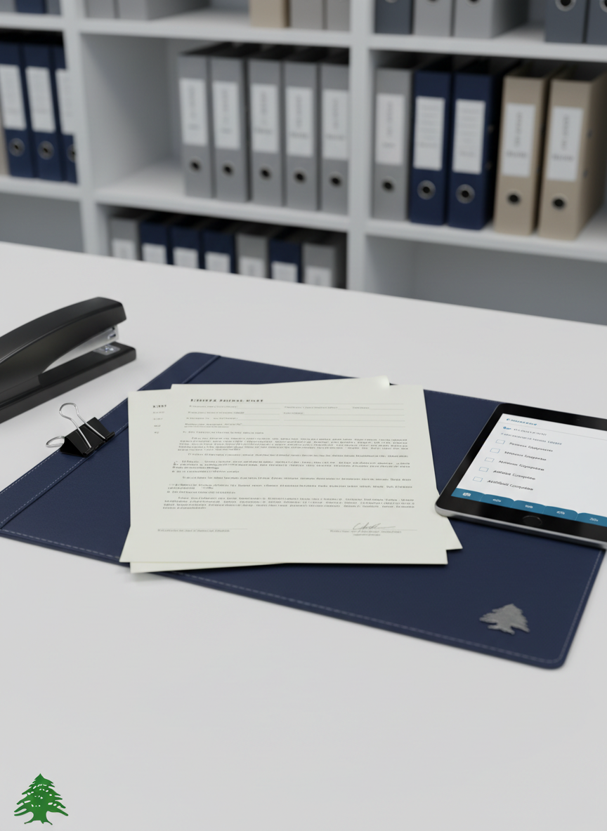 A close-up, photographic realism shot of an official-looking document being carefully assembled on a smooth white desk, focusing on the precision of legal document preparation. Several crisp sheets with structured layouts and blank fields lie aligned on a dark blue leather writing pad, beside a stainless-steel clip, stapler, and a slim digital tablet showing checklists. A small Lebanese cedar emblem in metal sits discreetly in one corner, subtly referencing Lebanese heritage. Cool, diffused overhead lighting creates a calm, neutral tone with soft reflections on metal surfaces. The background fades into a gentle blur featuring shelves of organized binders labeled with neutral, non-readable markings, conveying accuracy and professionalism without suggesting legal representation.