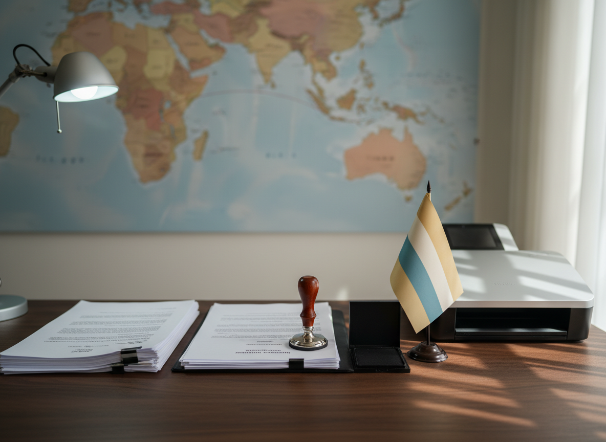 A detailed, photographic image of a document translation and certification station designed for Lebanese and Arab legal paperwork. On a dark walnut desk, two neatly arranged piles of documents, one in Arabic script and one in English layout, sit beside an elegant steel-and-wood stamp device, an ink pad, and a sleek scanner. A small desktop flag featuring neutral colors, without specific national symbols, suggests multicultural service. A wall map showing Australia and the Middle East in soft, muted tones hangs slightly out of focus in the background. Cool, bright desk-lamp lighting combines with gentle daylight from a nearby window, creating crisp legibility and subtle shadows. Captured from a slightly elevated angle, the composition emphasizes precision, confidentiality, and cross-border documentation support, with no courtroom imagery or human presence.